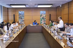 老街省和永隆省代表在分组讨论环节中。图自越通社