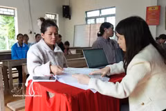 林同省活动能乡公务员在新下村的流动公共行政服务点指导民众办理司法、户籍手续。图自越通社