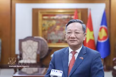 越南驻老挝大使阮明心接受越通社记者采访。图自越通社