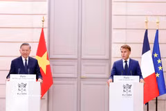 越共中央总书记、国家主席苏林与法国总统埃马纽埃尔·马克龙在会谈前共同会见了记者。图自越通社