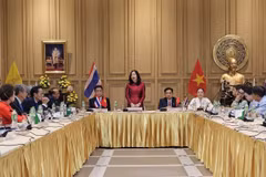 越南外交部副部长黎氏秋恒在泰国东北部乌隆府与当地越南人社群交流。越通社发