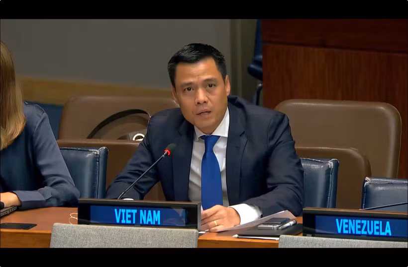 越南常驻联合国代表团团长邓黄江大使出席讨论会并发表讲话。图自越通社