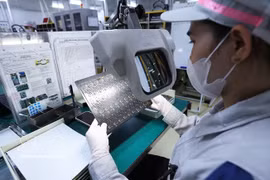 在越南Mektec Manufacturing有限责任公司（日本独资）的工厂检查电路板产品。图自越通社