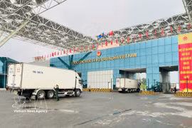 货运车辆排队通过北仑二号桥，经芒街国际口岸通关。图自越通社