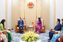 印度驻越南大使桑迪普·阿里亚和广义省委书记、省人民议会主席裴氏琼云。图自越通社