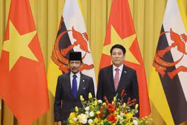 越南国家主席梁强和文莱达鲁萨兰国苏丹哈吉·哈桑纳尔·博尔基亚。图自越通社