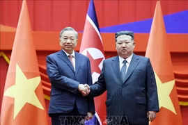 越共中央总书记苏林和朝鲜劳动党总书记、国务委员会委员长金正恩。图自越通社