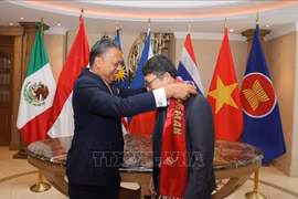 马来西亚驻墨西哥大使贾马尔·乔翰向越南驻墨西哥大使阮文海移交象征东盟驻墨西哥委员会（ACMC）主席职务的绶带。图自越通社