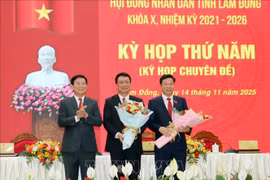 林同省人民委员会主席胡文梅祝贺新当选的省人民议会主席刘文忠（右）以及新当选为省人民委员会委员的外事厅厅长黄文平（中）。图自越通社