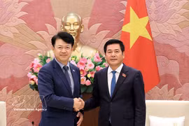 越南国会副主席阮鸿延会见韩国国会国土、基础设施和交通委员会副委员长卜基旺。图自越通社