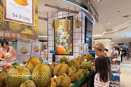 越南商品周活动的越南榴莲展位。图自越通社
