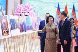 越南政府总理黎明兴与柬埔寨王国国会主席昆索达莉亲王参观由越南通讯社举办的关于两国合作关系的图片展。图自越通社