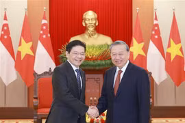 越共中央总书记苏林与新加坡总理黄循财亲切握手。图自越通社