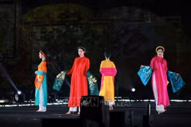 在首届河内世界文化节中进行奥黛表演。图自越通社