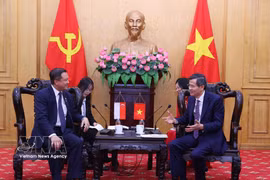 越共中央政治局委员、胡志明国家政治学院院长段明训会见新加坡人民行动党国会议员李宏壮。图自越通社
