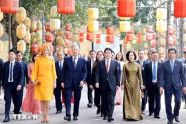 越南国家主席梁强与比利时国王菲利普参观升龙皇城。图自越通社