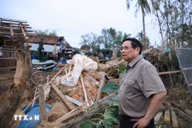 越南政府总理范明政在得乐省和盛乡富友村走访因暴雨洪灾而被冲毁的居民住房。图自越通社