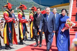 苏林总书记和夫人抵达首尔，开始对韩国进行国事访问。图自越通社