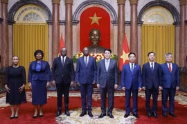 越南国家主席梁强与各国驻越大使合影。图自越通社