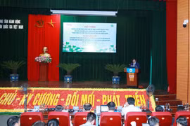 越南国家地雷行动中心常务副主任何廷香发表讲话。图自越通社