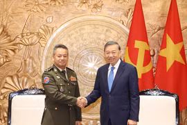 越共中央总书记、国家主席苏林与柬埔寨副首相兼国防大臣迪西哈。图自越通社