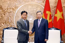 越共中央总书记、国家主席苏林会见老挝最高人民法院院长潘维·西布阿里法。图自越通社