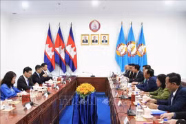 越共中央宣教与民运部与柬埔寨人民党中央民运部之间工作会谈场景。图自越通社