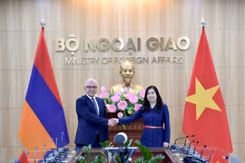 越南外交部副部长黎氏秋姮与亚美尼亚外交部副部长姆纳察坎·萨法良共同主持越南—亚美尼亚政治磋商。图自越通社