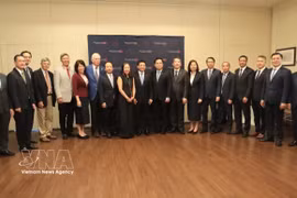 越南政府副总理阮文胜与美国多位教授合影。图自越通社