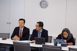 越南常驻日内瓦代表团团长梅潘勇大使（左一）出席研讨会。图自越通社