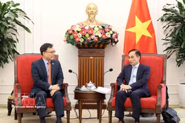 越共中央政治局委员、外交部长黎怀忠会见韩国驻越大使崔泳杉。图自越通社