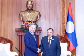 越共中央总书记苏林与前老挝人民革命党中央总书记、国家主席本扬·沃拉吉。图自越通社