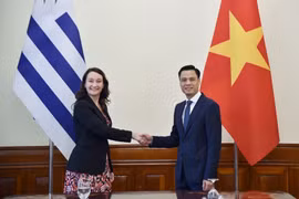 越南外交部副部长邓黄江与乌拉圭外交部副部长瓦莱里娅·楚萨基·卡夫雷拉。外交部供图