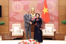 越共中央委员、国会副主席阮氏红会见多米尼加共和国统一左翼运动党总书记米格尔·梅希亚。图自越通社