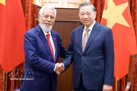 越共中央总书记、国家主席苏林会见东帝汶总理古斯芒。图自越通社