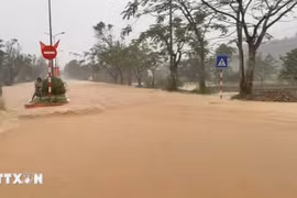 顺化部分道路被洪水淹没。图自越通社
