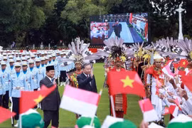 印尼总统普拉博沃·苏比延多在雅加达总统府为苏林总书记举行欢迎仪式。图自越通社