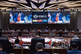 越南政府总理范明政在G20峰会第三阶段会议上发表讲话。图自越通社