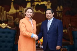 越南政府总理范明政在政府总部会见欧洲投资银行（EIB） 副行长尼古拉·比尔。图自越通社