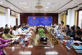 奠边省代表团与老挝波乔省的工作会谈现场。图自越通社