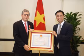 越南外交部副部长邓黄江向巴西驻越南特命全权大使马尔科·法拉尼授予友谊勋章。图自越南外交部