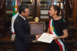越南驻墨西哥大使阮文海向墨西哥总统克劳迪娅·辛鲍姆（Claudia Sheinbaum）递交越南国家主席梁强的国书。图自越通社