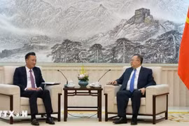 越共中央委员、兴安省委书记阮有义会见中共中央委员、中央对外联络部部长刘建超。图自越通社
