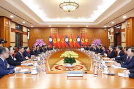 越共中央书记处常务书记陈锦秀与老挝人民革命党中央书记处常务书记维莱·拉坎丰举行会谈。图自越通社