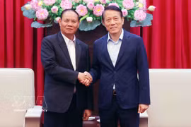 越南公安部部长梁三光会见老挝人民革命党中央书记处常务书记维莱·拉坎丰。图自越通社