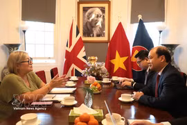 越共中央委员、胡志明国家政治学院常务副院长黎海平与由英国共产党主席洛林·道格拉斯举行工作会谈。图自越通社