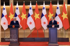 越共中央总书记、国家主席苏林与巴拿马总统穆利诺共同会见记者。图自越通社