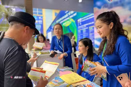 顾客在越南旅游公司展位了解旅游信息。图自Vietnam+