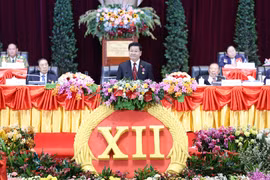 老挝人民革命党中央总书记在老挝人民革命党第十二次全国代表大会上致闭幕词。图自越通社