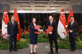 新加坡金融管理局（MAS）和越南国家证券委员会合作议定书交换仪式。图自越通社